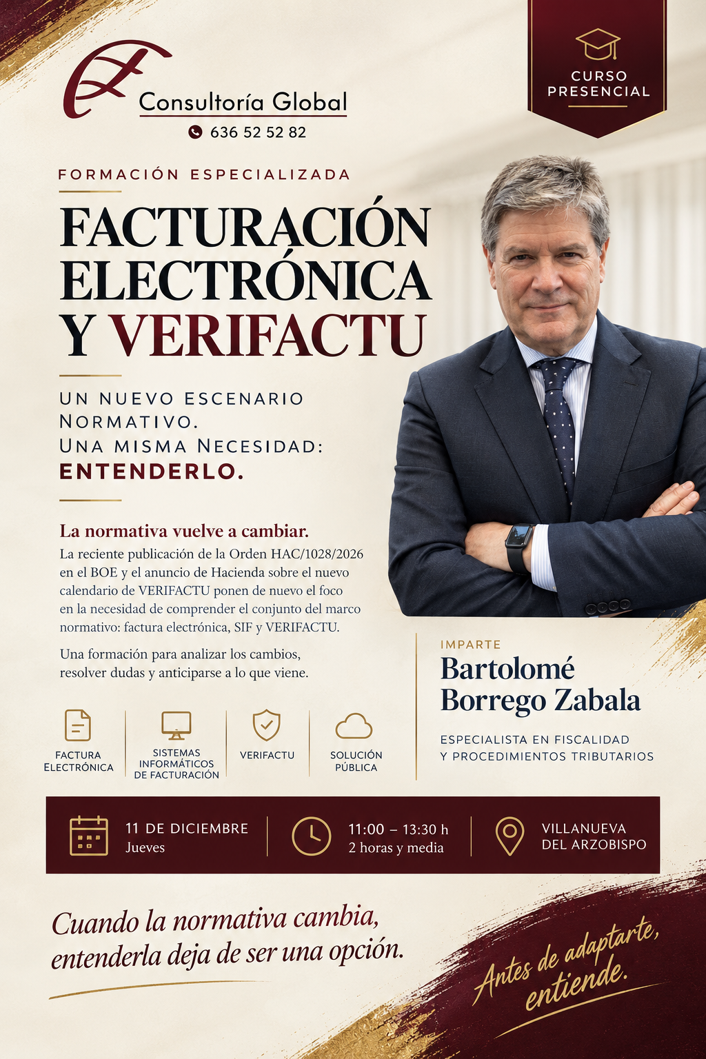 Cartel del curso presencial de Facturación Electrónica y VERIFACTU